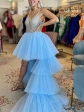 Gorgeous Blue High Low A-line V Neck Beaded Tulle Prom Dresses with Train