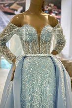 Gorgeous Blue Off-the-shoulder Long Sleeves A-line Beading Prom Dress