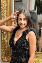 Gorgeous Long Black V-neck Split Sleeveless Mermaid Evening Dresses With Glitter