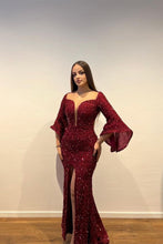 Gorgeous Long Burgundy Sequined Split Front Prom Dress With Long Sleeves