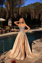 Gorgeous Long Champagne A-line Sleeveless Lace Satin Prom Dress with Slit