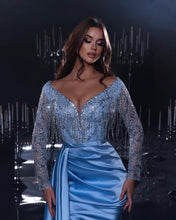 Gorgeous Long Mermaid Blue V-neck Sequined Beading Split Prom Dress With Long Sleeves