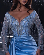 Gorgeous Long Mermaid Blue V-neck Sequined Beading Split Prom Dress With Long Sleeves
