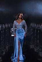 Gorgeous Long Mermaid Blue V-neck Sequined Beading Split Prom Dress With Long Sleeves