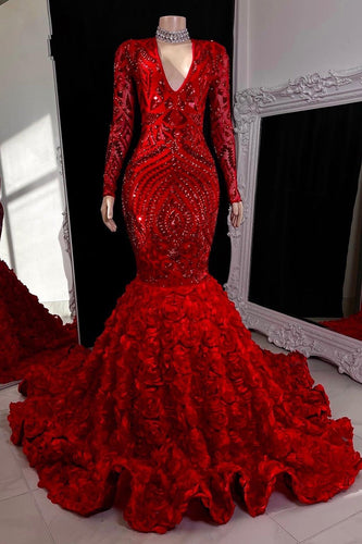 Gorgeous Long Red Mermaid V-neck Lace Prom Dress With Long Sleeves