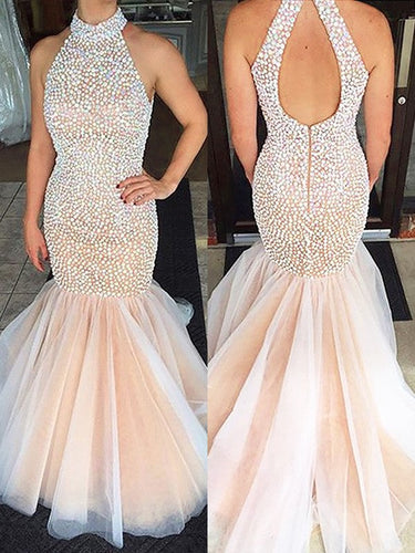 Gorgeous Mermaid Halter Sleeveless Beading Tulle Prom Dresses