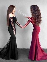 Gorgeous Mermaid Long Sleeves Off-the-Shoulder Applique Stretch Crepe Prom Dresses
