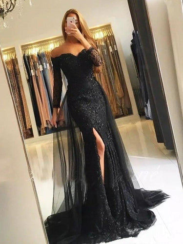 Gorgeous Mermaid Long Sleeves Off-the-Shoulder Tulle Lace Prom Dresses