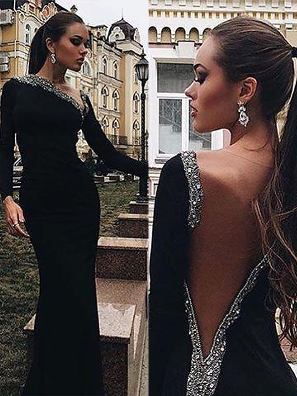 Gorgeous Mermaid Long Sleeves One-Shoulder Spandex Beading Prom Dresses