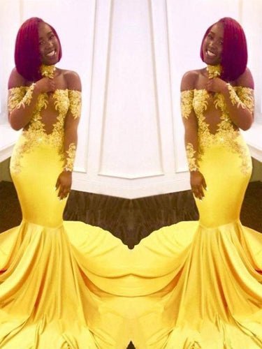 Gorgeous Mermaid Off-the-Shoulder Long Sleeves Applique Elastic Woven Satin Prom Dresses