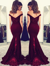 Gorgeous Mermaid Off-the-Shoulder Sleeveless Lace Elastic Woven Satin Prom Dresses