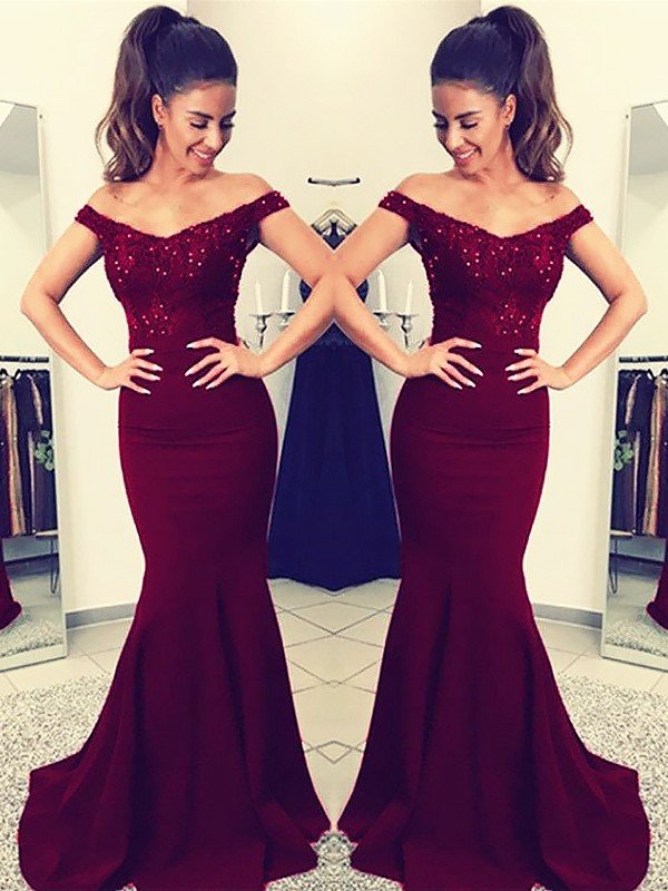 Gorgeous Mermaid Off-the-Shoulder Sleeveless Lace Elastic Woven Satin Prom Dresses