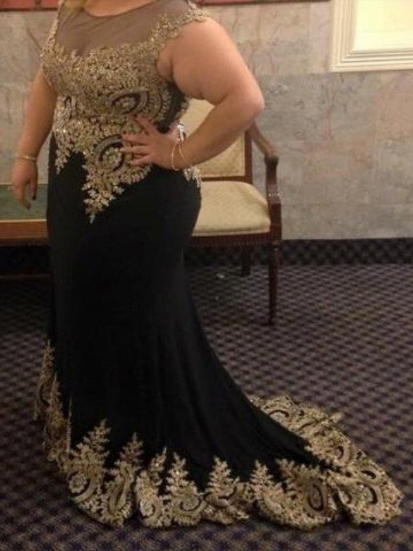 Gorgeous Mermaid Sheer Neck Sleeveless Applique Chiffon Plus Size Prom Dresses