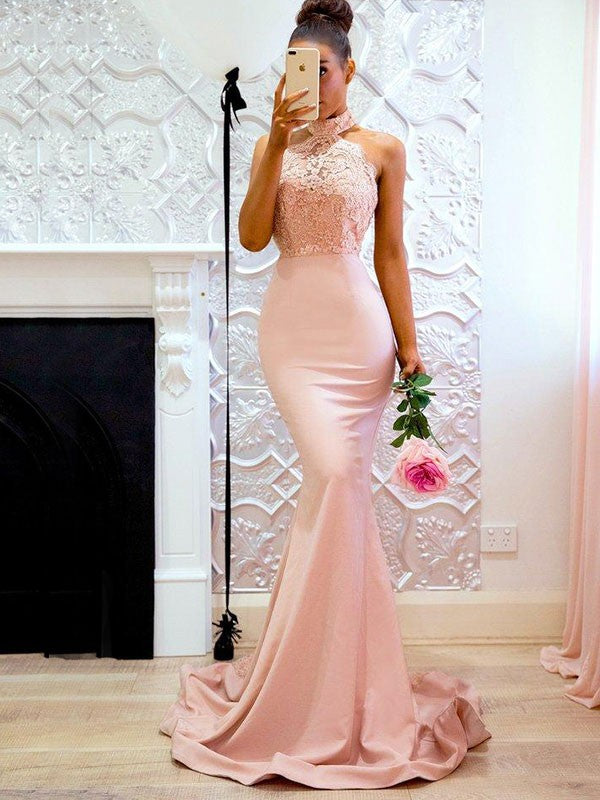 Gorgeous Mermaid Sleeveless Halter Lace Charmeuse Prom Dresses