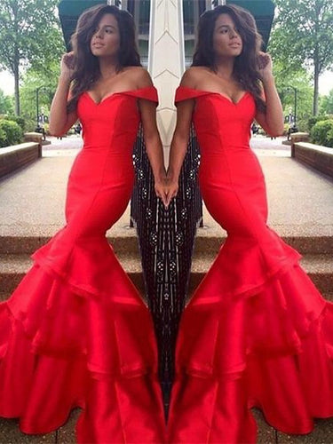 Gorgeous Mermaid Sleeveless Off-the-Shoulder Satin Layers Prom Dresses