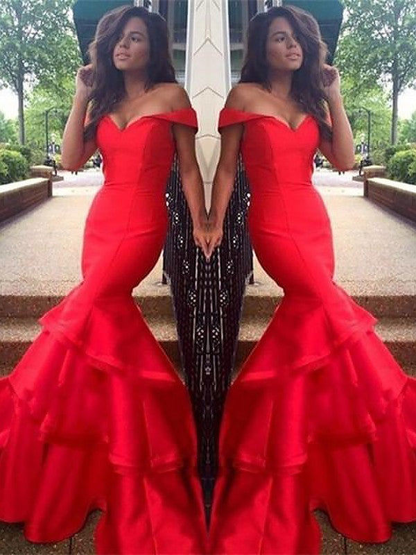 Gorgeous Mermaid Sleeveless Off-the-Shoulder Satin Layers Prom Dresses
