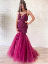 Gorgeous Mermaid V Neck Backless Tulle Beaded Backless Long Prom Dresses