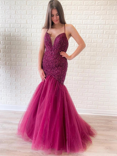 Gorgeous Mermaid V Neck Backless Tulle Beaded Backless Long Prom Dresses