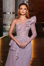 Gorgeous One Shoulder Long Sleeve Sequined A-line Prom Dress With Ruffles