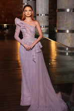 Gorgeous One Shoulder Long Sleeve Sequined A-line Prom Dress With Ruffles