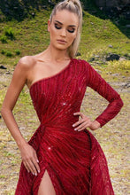 Gorgeous Red Beading One Shoulder Long A-line Prom Dress With Slit