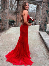 Gorgeous Red Long Mermaid Lace Backless Prom Dresses