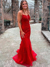 Gorgeous Red Long Mermaid Lace Backless Prom Dresses