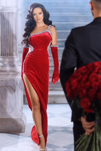 Gorgeous Red Straps Sequined Mermaid Prom Dress With Side Slit