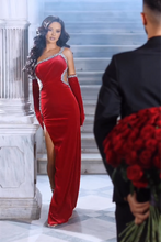 Gorgeous Red Straps Sequined Mermaid Prom Dress With Side Slit