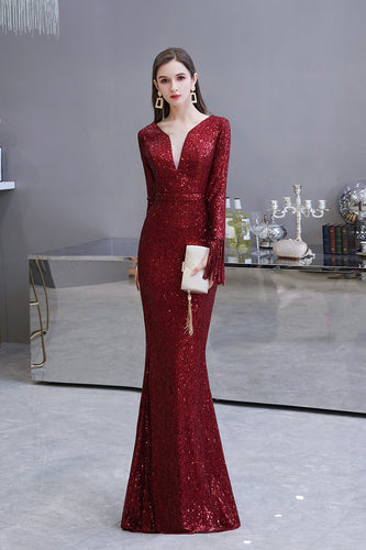 Gorgeous Sequins Long Sleeve V-Neck Mermaid Evening Gowns