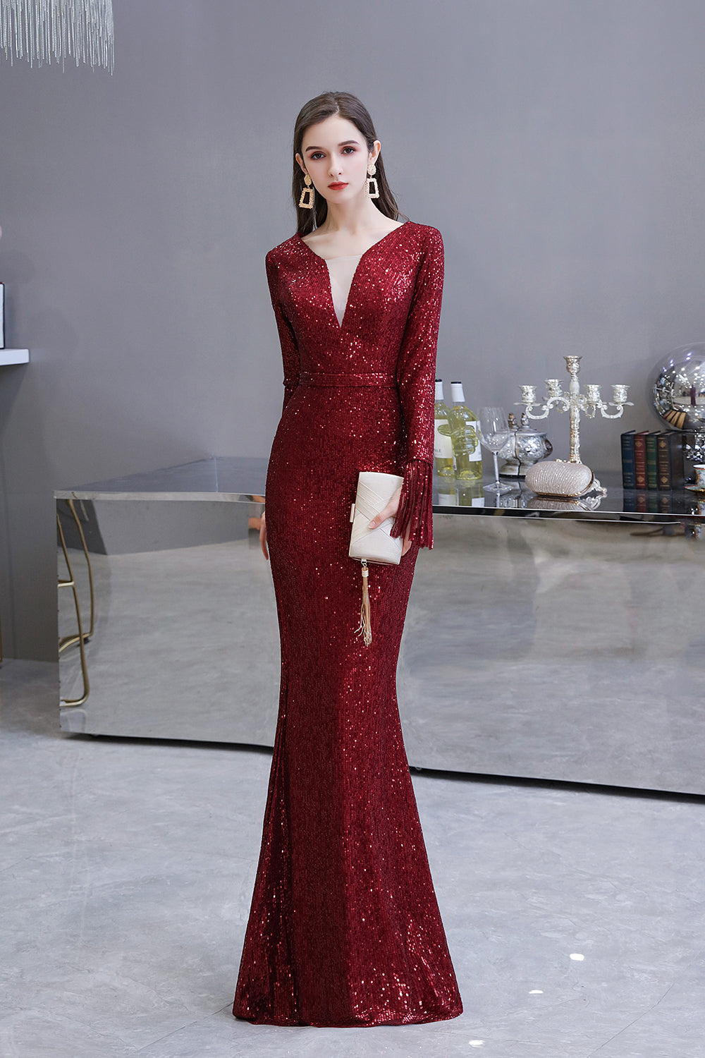 Gorgeous Sequins Long Sleeve V-Neck Mermaid Evening Gowns