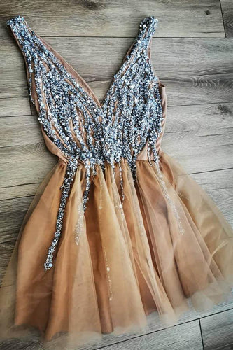 Gorgeous V Neck Peach Homecoming Dress Party Dress with Pearls  PD417