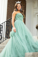 Green Strapless A-Line Tulle Long Prom Dresses
