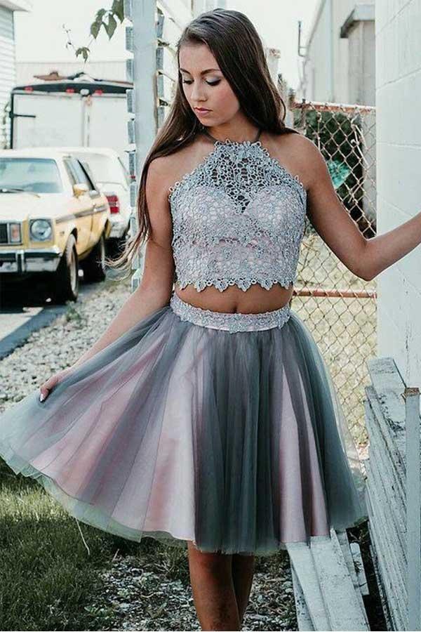 Grey Short Two Piece Halter Homecoming Party Dress with Lace PD295