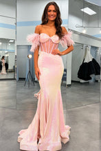 Gwenda | Black Sequin Feather Sheer Bodice Trumpet Long Gown