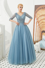 Half Sleeve Aline Tulle Evening Maxi Gown Beads V-Neck Prom Dress