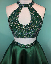 Halter Beaded Green Satin Two Piece Homecoming Dress Short Prom Dress PD358