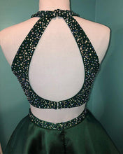Halter Beaded Green Satin Two Piece Homecoming Dress Short Prom Dress PD358