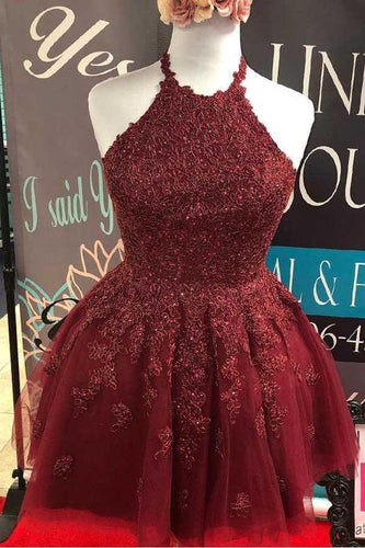 Halter Burgundy Lace A-Line Cute Backless Homecoming Dress PD373