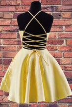 Halter Embroidered Yellow Satin Homecoming Dress with Pockets PD324