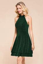Halter Knee Length Homecoming Dress Sleeveless Dark Green Bright Silk Evening Dress