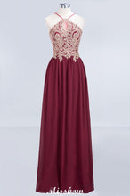 Halter Spaghetti Gold Appliques Swing Dress Sleeveless Tulle Chiffon Evening Maxi Dress