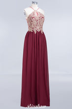 Halter Spaghetti Gold Appliques Swing Dress Sleeveless Tulle Chiffon Evening Maxi Dress