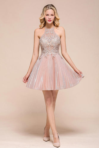 Halter Sparkly Short Homecoming Dress Floral Lace Aline Prom Dress Knee Length