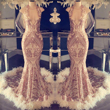 Halter V-neck Sequined Appliques Prom Dress with Feather