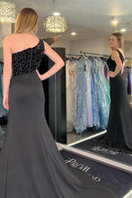 Harlow | Light Blue Cut Glass Mirror One-Shoulder Trumpet Long Formal Dress with Slit