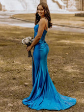 Alexia | Blue Satin Mermaid Long Formal Dress with Slit