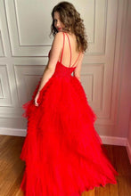 High Low A-line V Neck Tulle Lace Prom Dress Red Formal Evening Gowns