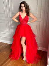High Low A-line V Neck Tulle Lace Prom Dress Red Formal Evening Gowns