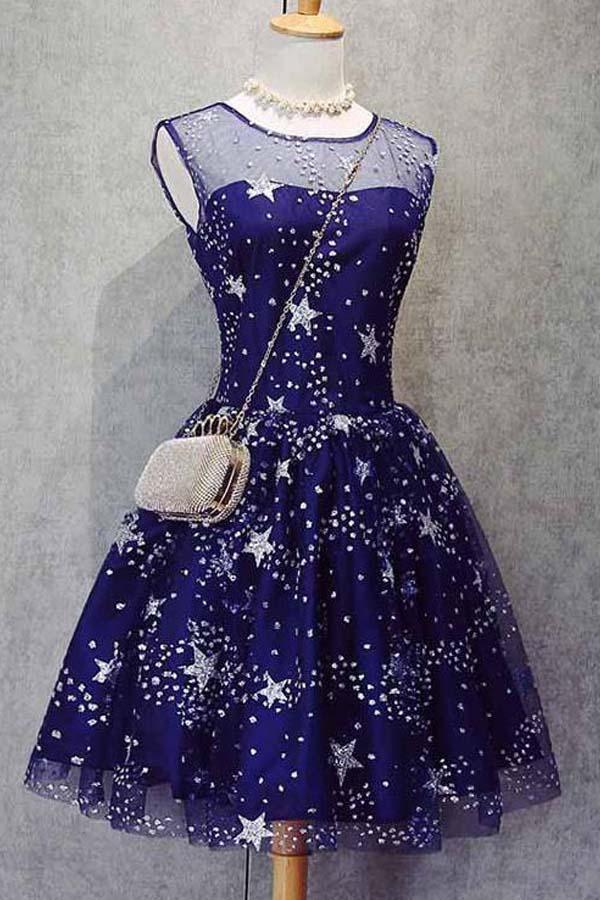 Homecoming Dress Tulle Sleeveless Stars Short Prom Dress Party Dress PD367